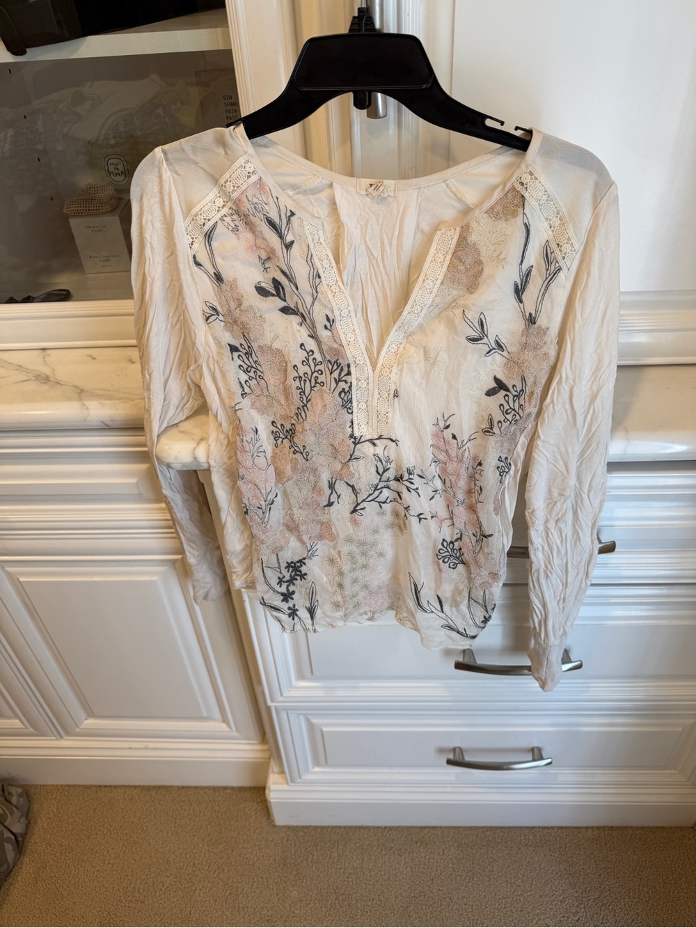 Women's Cream Floral Embroidered Peasant Blouse